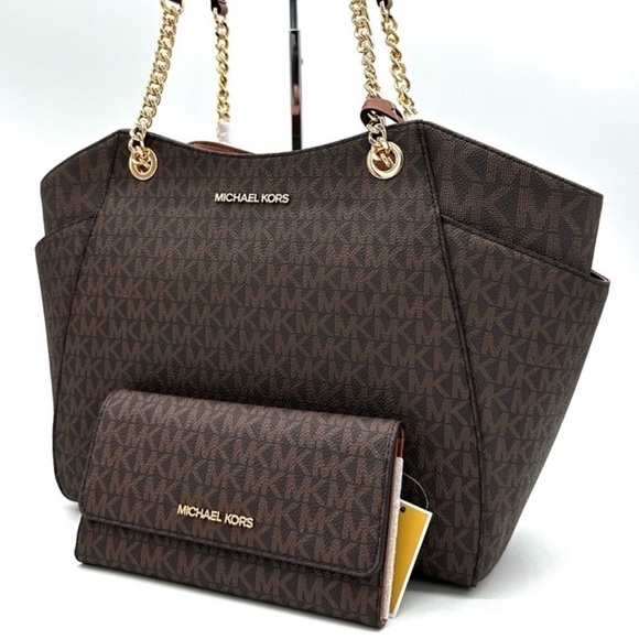 Michael Kors Handbags - Michael Kors Large Jet Set Travel Chain Shoulder Bag & Trifold Wallet Brown